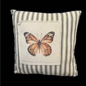Red Shed Ticking Monarch Butterfly Patch Square Throw Accent Pillow Farmhouse